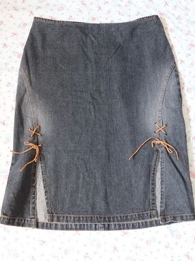 Clio Dark Blue Denim Pencil Skirt with Tan Lace-Up Detail